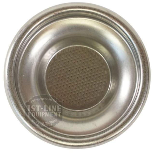 A shiny, round metal basket with small bottom holes; the Torre FILT0008 Peppina Premium Pack 1-cup Filter Basket is designed to hold ground coffee in espresso machines. © 2025 1st-line.com