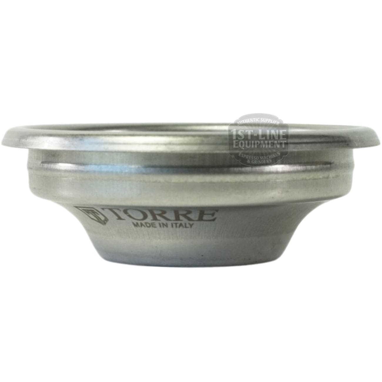 A side view of the Torre FILT0005 1-cup Filter Basket, made of stainless steel and marked TORRE MADE IN ITALY, shown against a white background. © 2025 1st-line.com