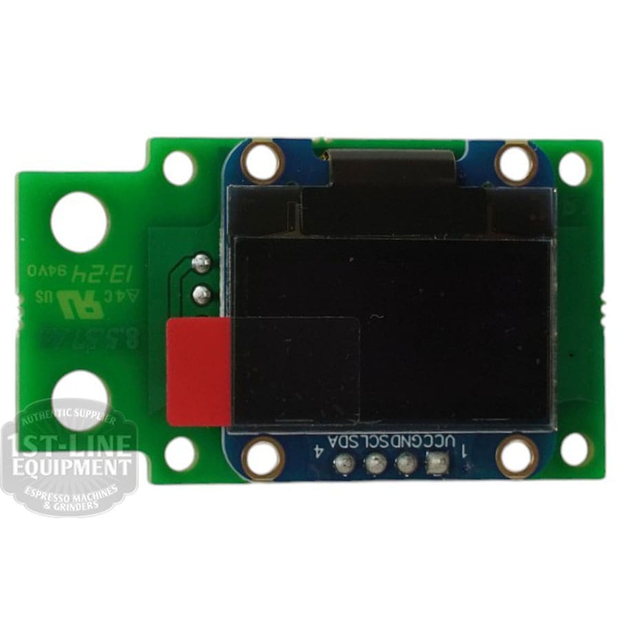 A small green circuit board with a black rectangular display, red tab on the left, and visible electronics, marked Torre DISP0004 Display for Alfredo and Luigino TSP Gicar 8.8.75.13G, shown from above with identifying text. © 2025 1st-line.com