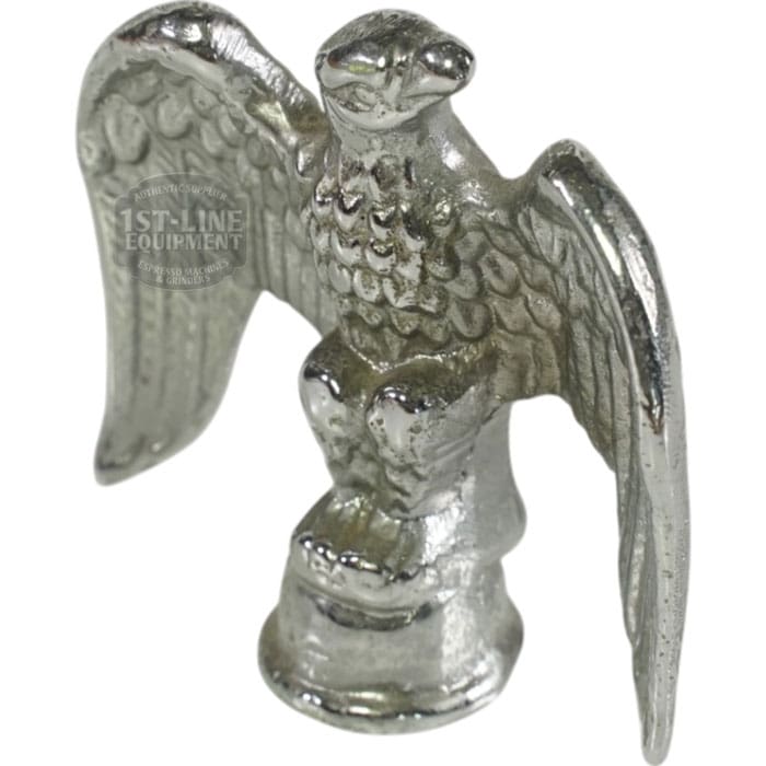A small, shiny Elektra 00658021 Chrome Eagle (A1C chrome) for Mini Verticale stands proudly on a round base—perfect for collectors. © 2025 1st-line.com
