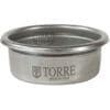 A Torre FILT0009 Peppina Premium Pack 2-Cup Filter Basket, stainless steel with TORRE MADE IN ITALY engraving, shown against a white background. © 2025 1st-line.com
