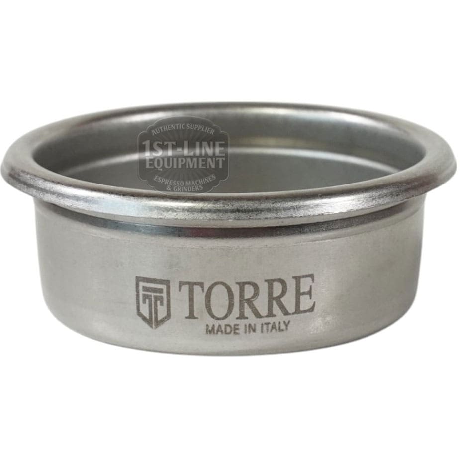 A Torre FILT0009 Peppina Premium Pack 2-Cup Filter Basket, stainless steel with TORRE MADE IN ITALY engraving, shown against a white background. © 2025 1st-line.com