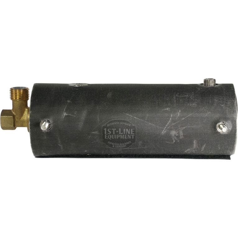 A USED Lelit 1000165 Coffee Boiler Assembly, cylindrical and black with metallic fittings and a brass connector on the left, is shown against a white background. © 2025 1st-line.com