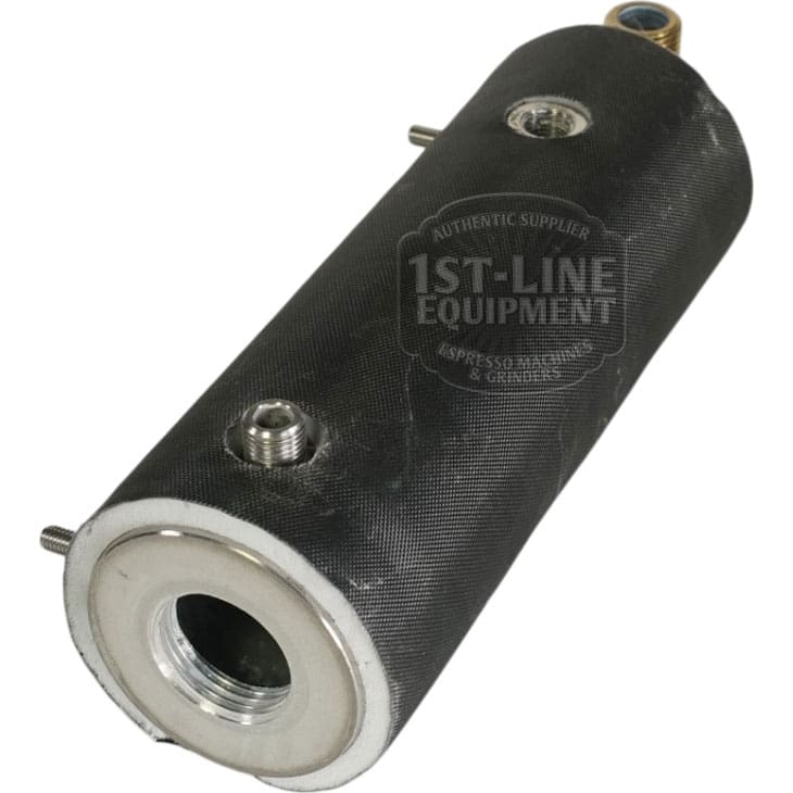 A USED Lelit 1000165 Coffee Boiler Assembly—cylindrical, black, with metal fittings and a circular opening at one end—is shown angled against a white background, featuring the 1st-Line Equipment watermark. © 2025 1st-line.com