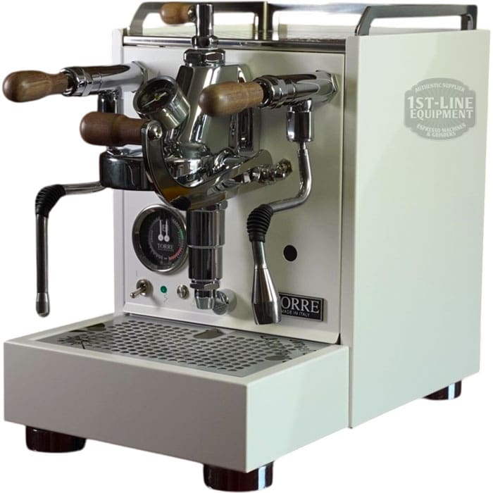 A white Torre Luigino TSP HX Espresso Machine with flow control, wood handles, pressure gauge, metal steam and hot water wands, plus a drip tray sits on the countertop—ideal for any Torre Luigino coffee lover. © 2025 1st-line.com