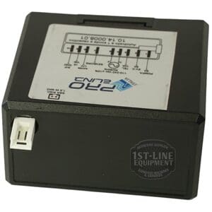 Black rectangular device labeled PRO GUNS on top, with a white connector on the left, 1st-Line Equipment logo on front, integrates the Torre LIV11502 Control Board for Mariuccia by Pro.El.Ind. © 2025 1st-line.com