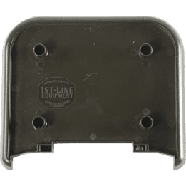 Black rectangular plastic drip tray cover with rounded top corners, four holes, and a bottom cutout. Features 1ST-LINE EQUIPMENT in white on the left. Compatible with the Lelit 3700050 William Grind Drip Tray. © 2025 1st-line.com