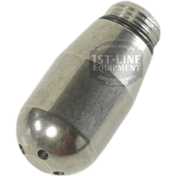 Close-up of a metallic Torre SPRU0002 4-hole Steam Tip with Gasket, threaded on one end and four small holes on the other, designed for espresso machines. Faint 1st-Line Equipment branding is visible on its surface. © 2025 1st-line.com