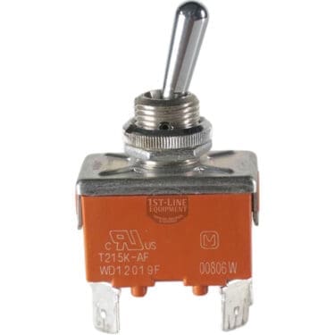 Close-up of a Panasonic T215K-AF Toggle Switch 250V 15A with an orange base, codes and certification marks on its body, and three metal prongs at the bottom for wiring. © 2025 1st-line.com