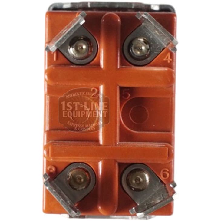 Close-up of a Panasonic T215K-AF Toggle Switch, rated 250V 15A, with four screw terminals marked 4, 5, and 6. This brown rectangular component features metallic corner connectors for secure wire connections. © 2025 1st-line.com