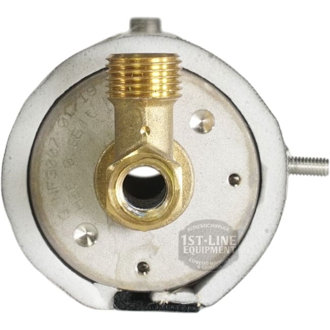 Close-up of a USED Lelit 1000165 Coffee Boiler Assembly heating element, showing a brass threaded connector and two screw holes on a round silver surface. © 2025 1st-line.com