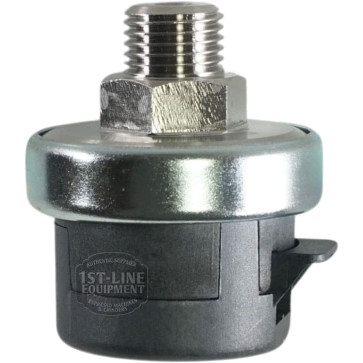 Close-up of a VBM TRASDTEC Pressure Transducer for VBM espresso machines, showing its threaded top, circular metallic midsection, and 1st-Line Equipment logo on the black plastic base. © 2025 1st-line.com