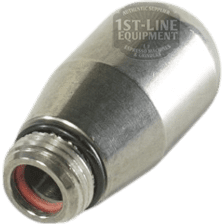 Close-up of the Torre SPRU0002 4-hole Steam Tip with Gasket featuring a metallic, conical adapter and red O-ring, designed for espresso machine connections. 1st-Line Equipment branding is visible on the surface. © 2025 1st-line.com