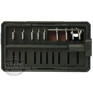 Close-up view of a black plastic electrical component with metal pins and vents, seen from the front, used in machinery or electronics such as the Torre LIV11502 Control Board for Mariuccia by Pro.El.Ind. © 2025 1st-line.com