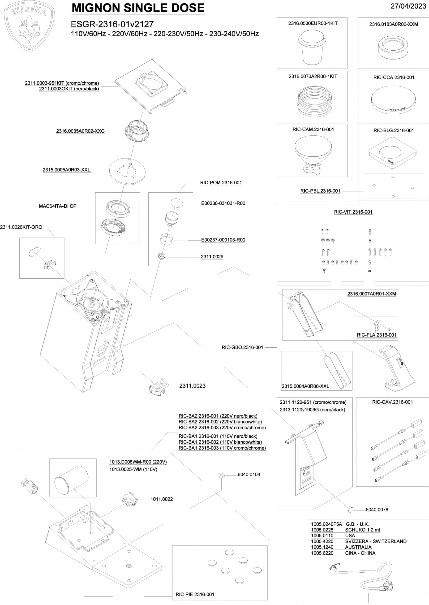 Exploded Parts Diagram of the Eureka Mignon Single Dose coffee grinder, displaying labeled parts and assemblies with part numbers, specifications, and orientation views for easy assembly or repair reference. © 2025 1st-line.com