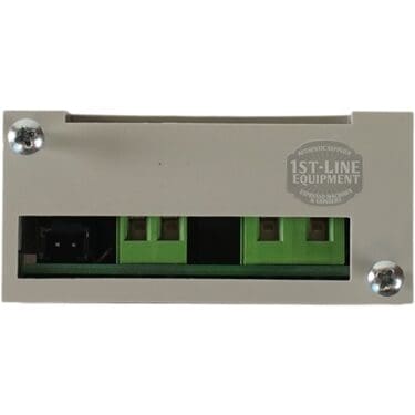 Front view of the Torre TERM11002 Thermostat PID 110V for Mariuccia, a rectangular white device with two green terminal connectors, black connector, metal screws, and “1st-Line Equipment” logo on the right. © 2025 1st-line.com
