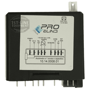 Rectangular black and white Pro.El.Ind device with labeled terminals, connection diagram, and specs on the front. Label shows model 10.14.0008.01 and product name: Torre LIV11502 Control Board for Mariuccia - Pro.El.Ind. © 2025 1st-line.com