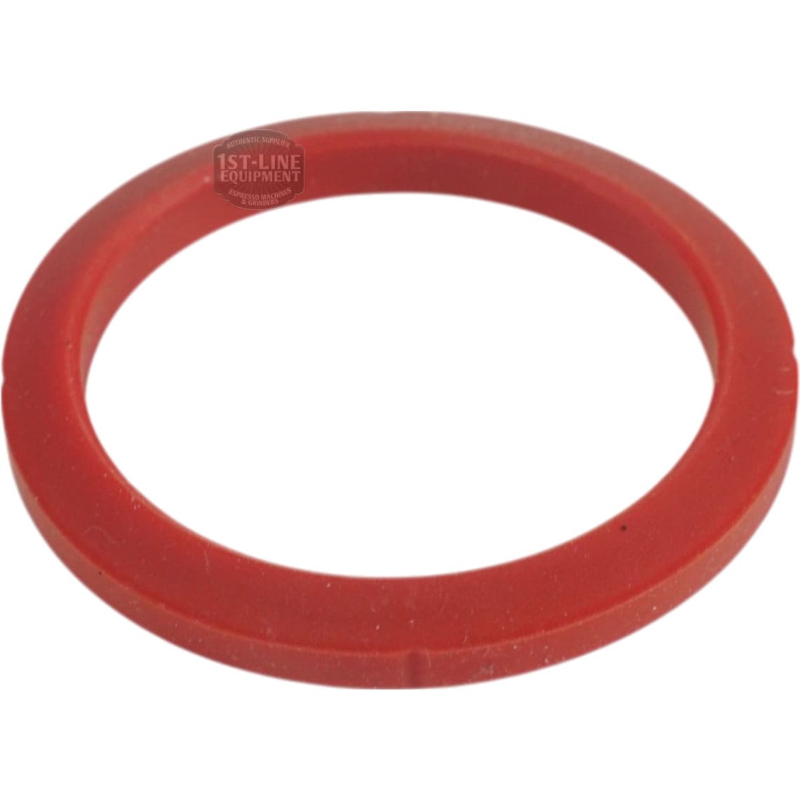 The Cafelat NS 2 Red Silicone Portafilter Gasket for Nuova Simonelli (71x56.5x8.3mm) is a flat, circular gasket with a smooth red surface, shown angled against a white background. © 2025 1st-line.com