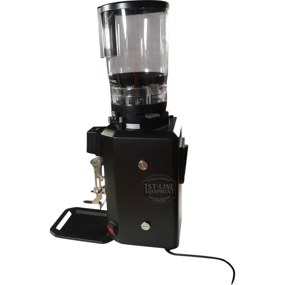 The CONVENTION DEMO - Slingshot Talis S75 Espresso Coffee Grinder Black 220V (C203) features a clear bean hopper, grind adjustment knob, and ground coffee tray, displayed against a white background. © 2025 1st-line.com