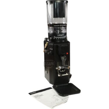 The CONVENTION DEMO - Slingshot Talis S75 Espresso Coffee Grinder Black 220V (C203) includes a clear bean hopper, dosing spout, adjustment knobs, drip tray, instruction manuals, and a black tray. Perfect for 220V commercial use. © 2025 1st-line.com