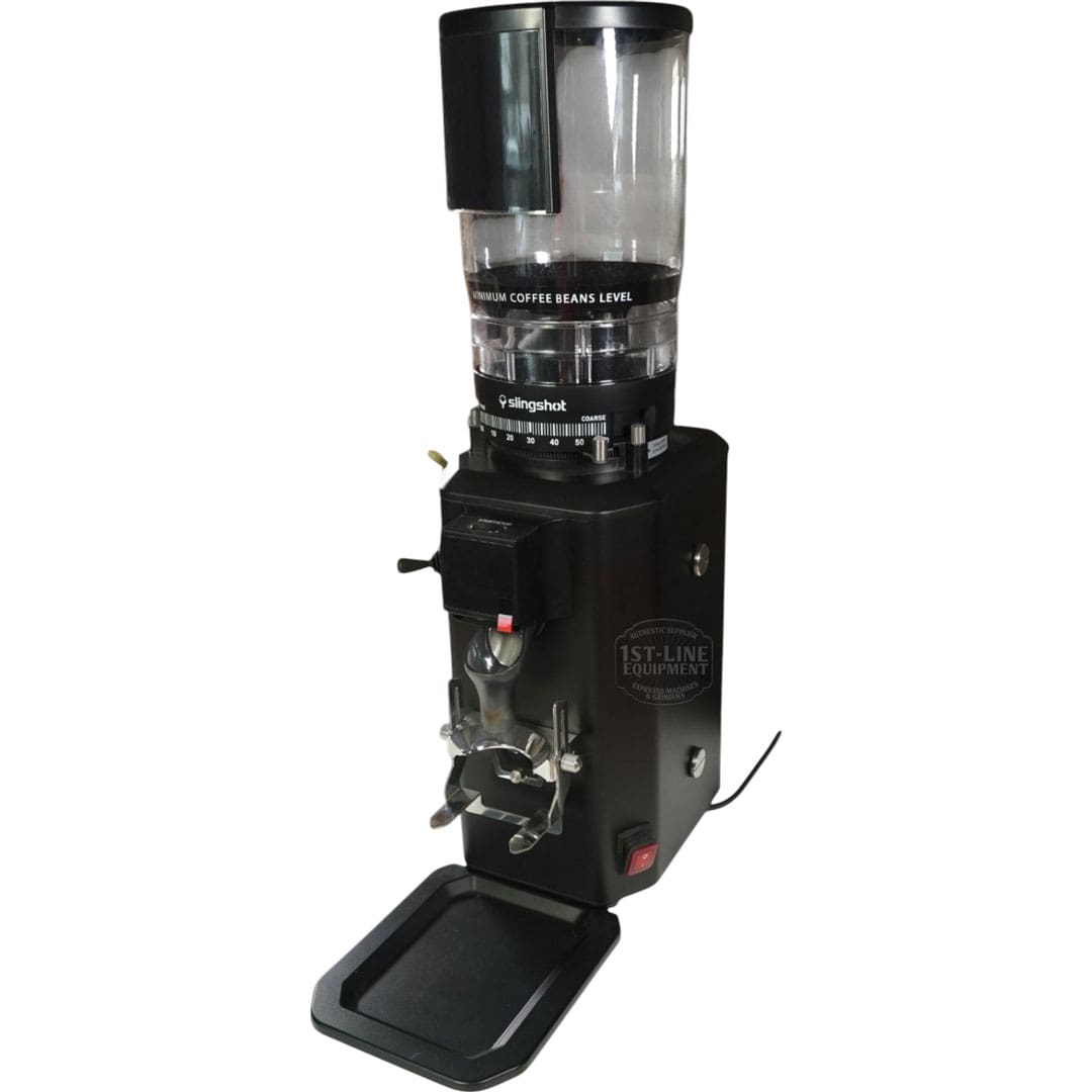The CONVENTION DEMO - Slingshot Talis S75 Espresso Coffee Grinder Black 220V (C203) includes a transparent bean hopper, digital display, portafilter holder, and flat tray, with all features shown on a white background. © 2025 1st-line.com