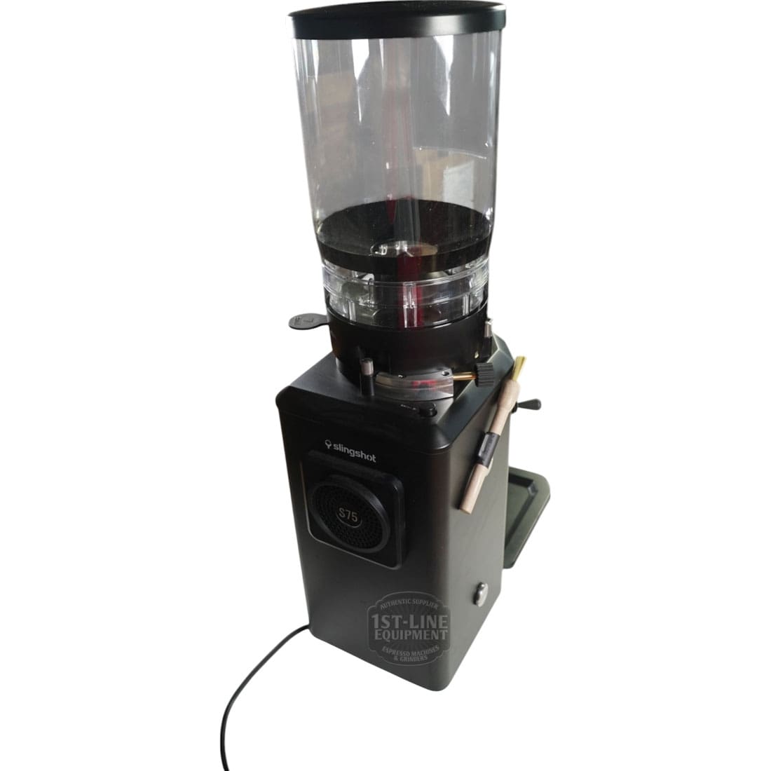 The CONVENTION DEMO - Slingshot Talis S75 Espresso Coffee Grinder Black 220V (C203) with transparent bean hopper, digital display, control panel, and side brush holder is shown on a white background. © 2025 1st-line.com