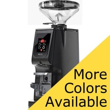 The Eureka Atom W 65 Weight Based Espresso Coffee Grinder with a digital display and clear bean hopper is shown. A yellow diagonal banner reads More Colors Available in bold black text. © 2025 1st-line.com
