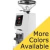 The Eureka Atom W 75 Weight Based Espresso Coffee Grinder in white is shown angled, featuring a digital display and transparent hopper. A yellow diagonal banner reads More Colors Available. © 2025 1st-line.com