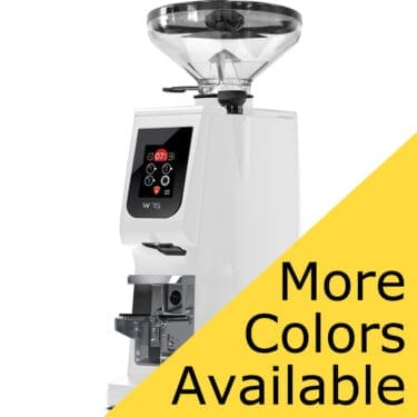 The Eureka Atom W 75 Weight Based Espresso Coffee Grinder in white is shown angled, featuring a digital display and transparent hopper. A yellow diagonal banner reads More Colors Available. © 2025 1st-line.com