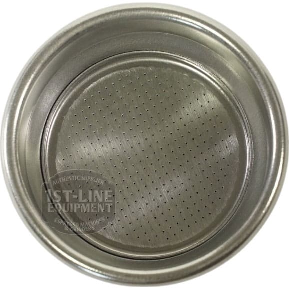 The Lelit 1600071 Pressurized Filter 58mm is a stainless steel espresso portafilter basket with fine bottom perforations, seen from above. It has a polished surface and a faint Lelit 1600071 logo watermark on the left side. © 2025 1st-line.com
