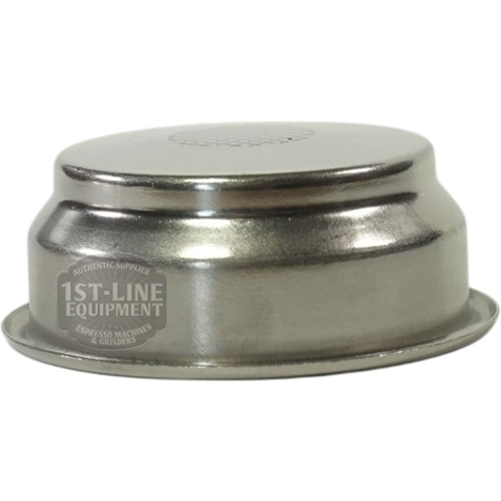 The Lelit 1600071 Pressurized Filter 58mm, made of stainless steel, is shown upside down, displaying its fine mesh bottom and 1st-Line Equipment engraved branding. © 2025 1st-line.com