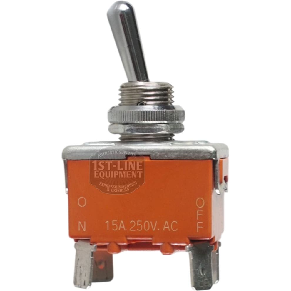 The Panasonic T215K-AF Toggle Switch features an orange base, ON/OFF labels, upright lever, and is rated for 15A 250V AC—perfect for reliable circuit control. © 2025 1st-line.com