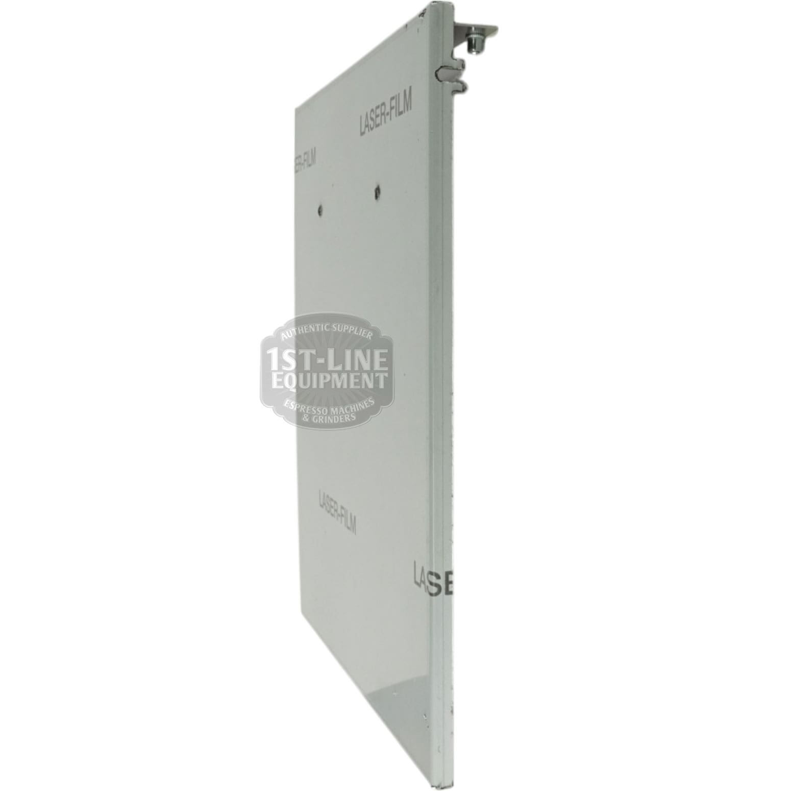 The ROCKET C01L004255 Stainless Steel Back Panel is a clear rectangular acrylic panel with a protective laser film, featuring the 1st-Line Equipment logo and a stainless steel clip attached at the top. © 2025 1st-line.com
