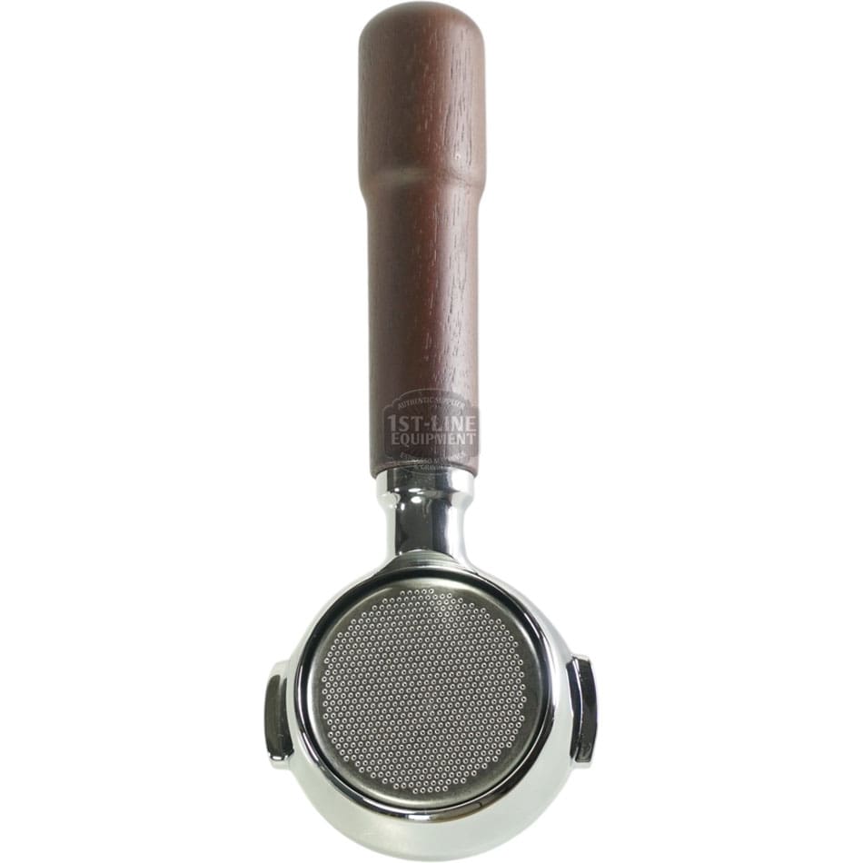 The Torre APTF0L02VVO Complete Bottomless Filter Holder features a brown wooden handle and a stainless steel filter basket, shown from above on a white background. © 2025 1st-line.com