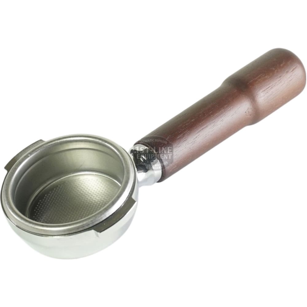 The Torre APTF0L02VVO Complete Bottomless Filter Holder features a metal body with a brown wooden handle and is designed for professional espresso extraction, shown on a white background. © 2025 1st-line.com