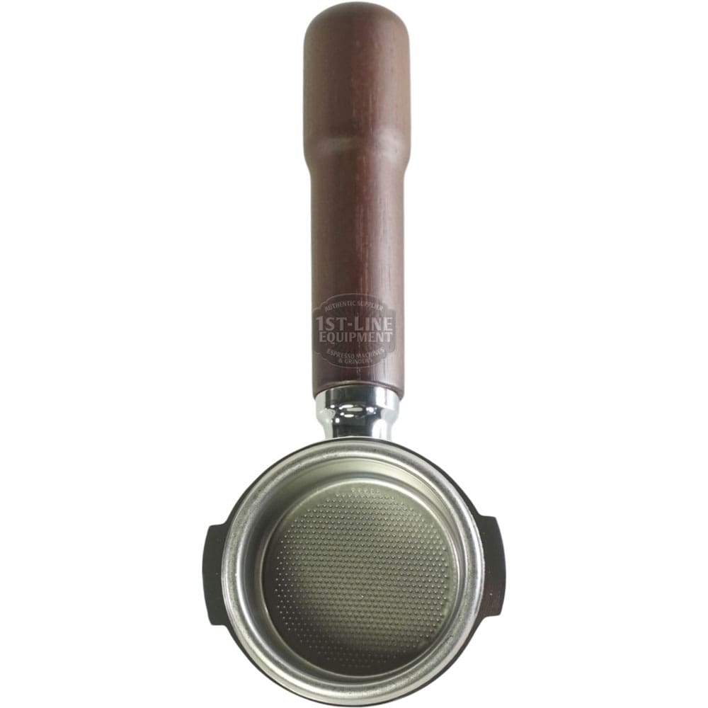 The Torre APTF0L02VVO Complete Bottomless Filter Holder, featuring a round metal basket and smooth wooden handle, is displayed from above on a white background. © 2025 1st-line.com