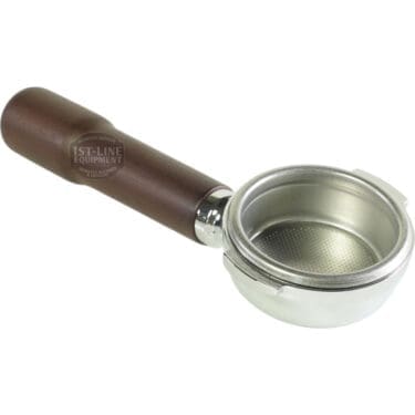 The Torre APTF0L02VVO Complete Bottomless Filter Holder, featuring a wooden handle and metal filter basket for espresso machines, is displayed on a white background. © 2025 1st-line.com