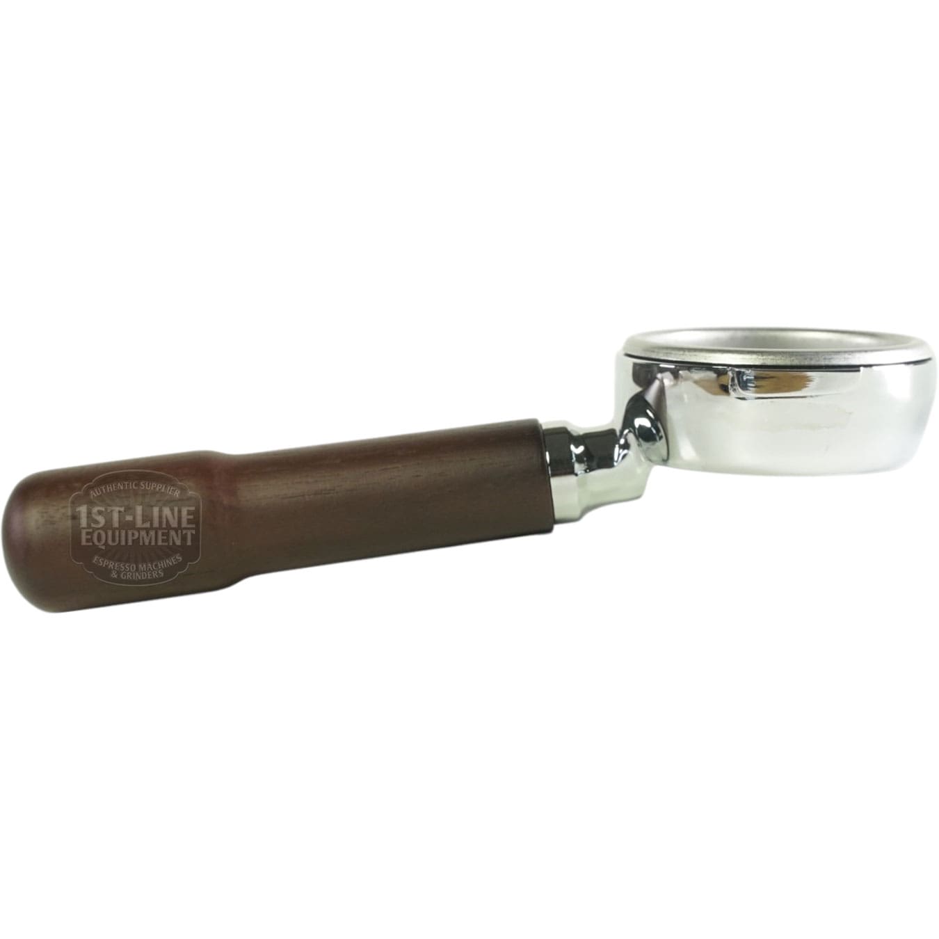 The Torre APTF0L02VVO Complete Bottomless Filter Holder, featuring a wooden handle and metallic filter basket for espresso machines, is displayed against a white background. © 2025 1st-line.com