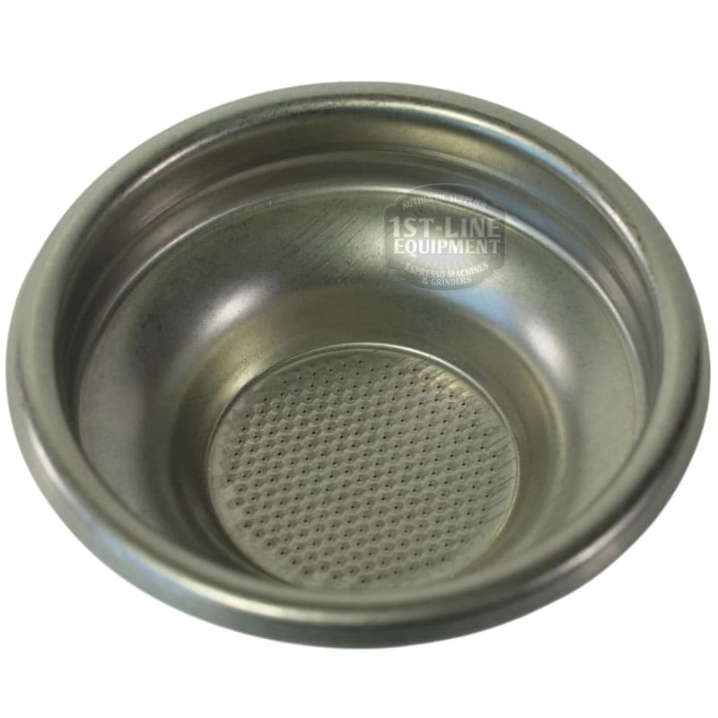 The Torre FILT0005 1-cup Filter Basket is a stainless steel basket with a smooth inner surface and perforated bottom, designed to hold coffee grounds for espresso brewing. © 2025 1st-line.com
