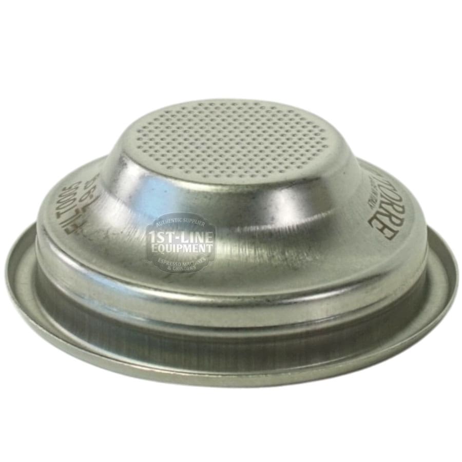 The Torre FILT0005 1-cup Filter Basket, made of stainless steel with fine top holes, is ideal for brewing ground coffee. The clean filter basket is shown against a white background. © 2025 1st-line.com