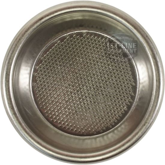 The Torre FILT0006 2-cup filter basket is a round, metal basket with a perforated bottom and small holes for filtering coffee, viewed from above. © 2025 1st-line.com