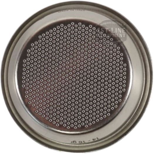 The Torre FILT0006 2-cup filter basket is a round metal disc with many small holes in a circular pattern, designed for use in kitchen appliances or espresso machines. © 2025 1st-line.com