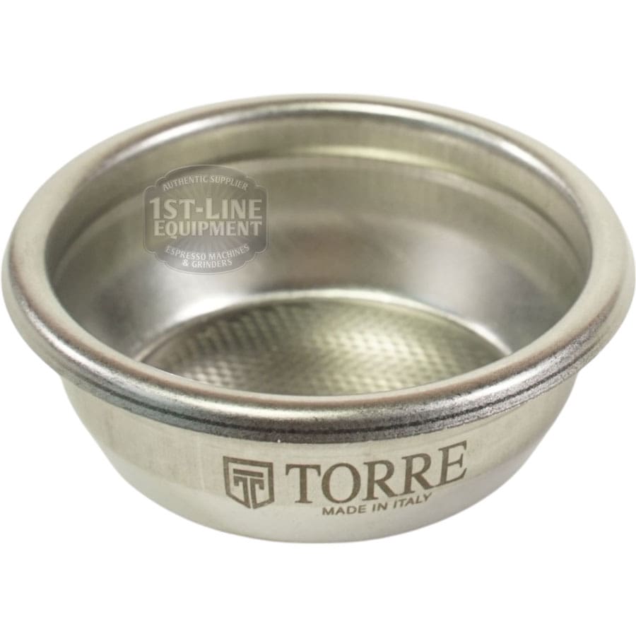 The Torre FILT0006 2-cup filter basket is made of stainless steel, features a fine mesh bottom, and has TORRE MADE IN ITALY labeled on the side. © 2025 1st-line.com