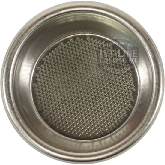 The Torre FILT0006 2-cup filter basket is shown from above, displaying its clean metal design and fine perforated bottom ideal for filtering espresso coffee grounds. © 2025 1st-line.com