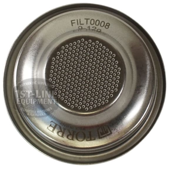 The Torre FILT0008 Peppina Premium Pack 1-cup Filter Basket is a metal basket with many small center holes and TORRE, FILT0008, and 9-12g stamped on it; compatible with the Peppina Premium Pack. © 2025 1st-line.com