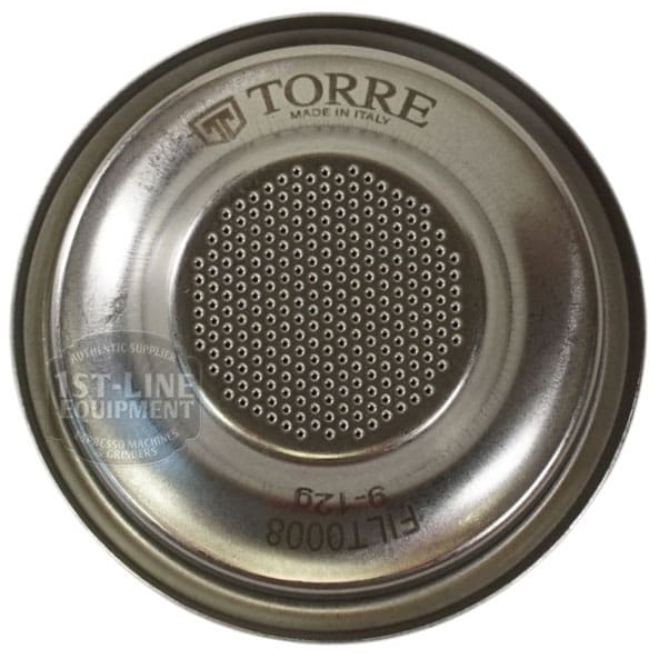 The Torre FILT0008 Peppina Premium Pack 1-cup Filter Basket is a round metal espresso basket labeled TORRE Made in Italy, with many small center holes and the serial number FILT0008 9-12g engraved on its bottom edge. © 2025 1st-line.com