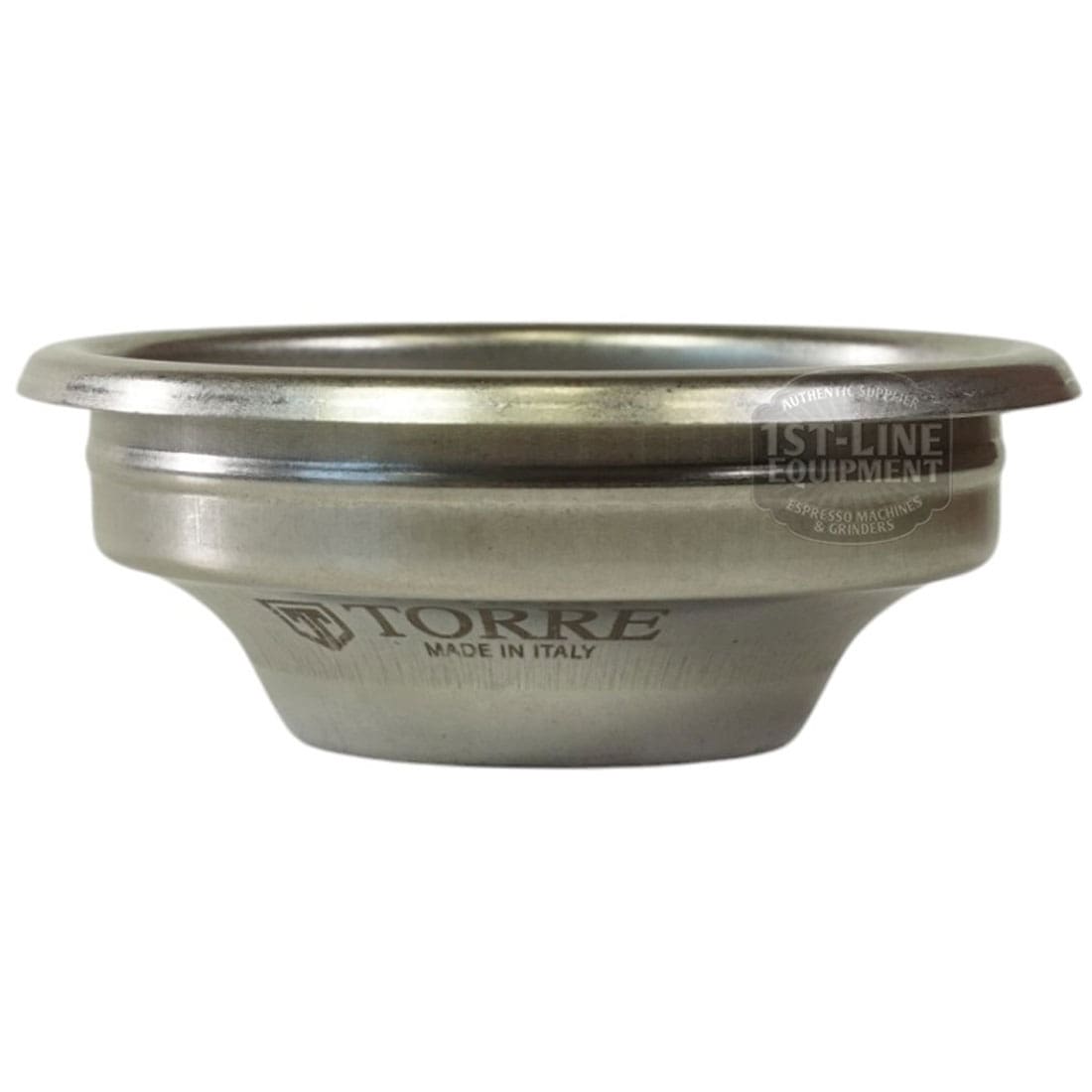 The Torre FILT0008 Peppina Premium Pack 1-cup Filter Basket is stainless steel with TORRE MADE IN ITALY engraving, a wide rim, and conical shape—ideal for holding coffee grounds in espresso machines. © 2025 1st-line.com