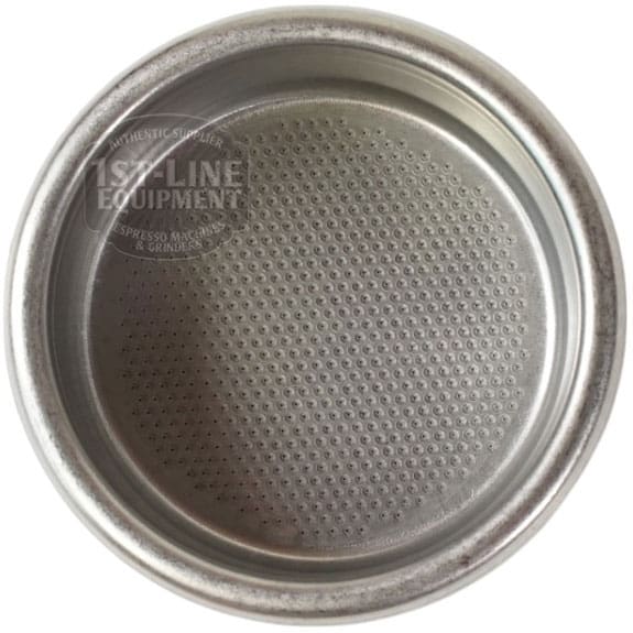 The Torre FILT0009 Peppina Premium Pack 2-Cup Filter Basket is a metal basket with many small holes on the bottom and a slightly raised rim, viewed from above. © 2025 1st-line.com
