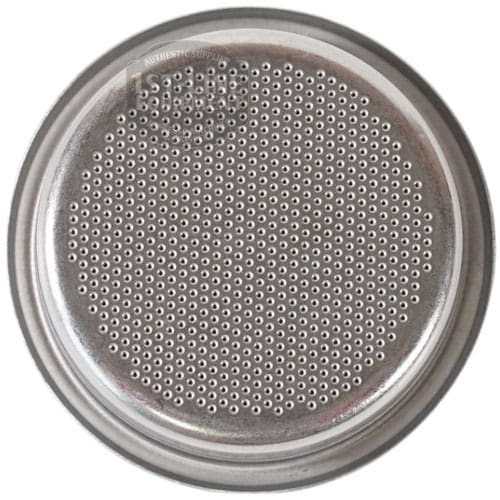 The Torre FILT0009 Peppina Premium Pack 2-Cup Filter Basket is a round, metal filter with many small holes, designed for use in espresso machines to hold coffee grounds during brewing. © 2025 1st-line.com