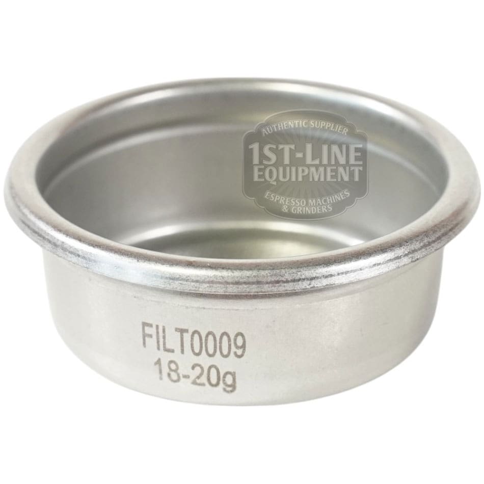 The Torre FILT0009 Peppina Premium Pack 2-Cup Filter Basket is a stainless steel espresso filter, engraved with FILT0009 18-20g, made for espresso machines. © 2025 1st-line.com